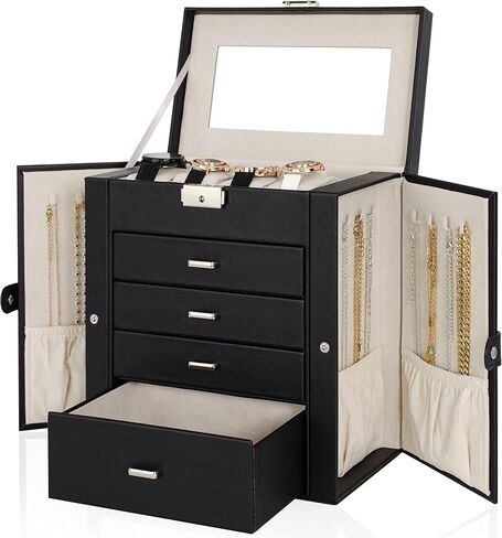 TORIBIO 5 Tier Jewelry Box with Drawers Jewelry Organizer/with Watch Roll Case Ring Necklace Earring Bracelet Holder Mirror for Women Girls (black) in Saudi Arabia