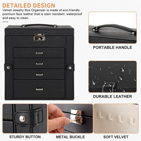 TORIBIO 5 Tier Jewelry Box with Drawers Jewelry Organizer/with Watch Roll Case Ring Necklace Earring Bracelet Holder Mirror for Women Girls (black) in Saudi Arabia