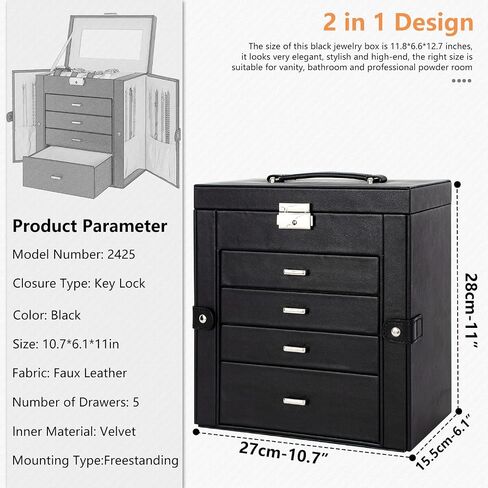 TORIBIO 5 Tier Jewelry Box with Drawers Jewelry Organizer/with Watch Roll Case Ring Necklace Earring Bracelet Holder Mirror for Women Girls (black) in Saudi Arabia