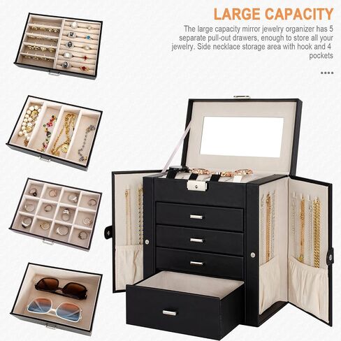TORIBIO 5 Tier Jewelry Box with Drawers Jewelry Organizer/with Watch Roll Case Ring Necklace Earring Bracelet Holder Mirror for Women Girls (black) in Saudi Arabia