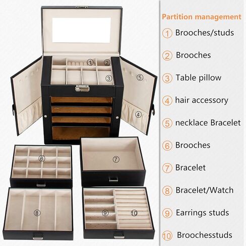 TORIBIO 5 Tier Jewelry Box with Drawers Jewelry Organizer/with Watch Roll Case Ring Necklace Earring Bracelet Holder Mirror for Women Girls (black) in Saudi Arabia