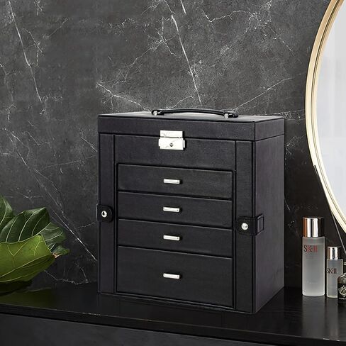 TORIBIO 5 Tier Jewelry Box with Drawers Jewelry Organizer/with Watch Roll Case Ring Necklace Earring Bracelet Holder Mirror for Women Girls (black) in Saudi Arabia