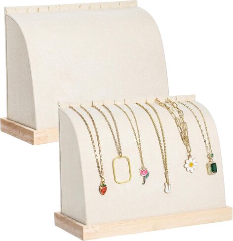 2 Pieces Cambered Wooden Necklace Display Stand with Soft Mat Necklace Holder Jewelry Display Beige Velvet Jewelry Organizer for Countertop Boutique Home in Saudi Arabia