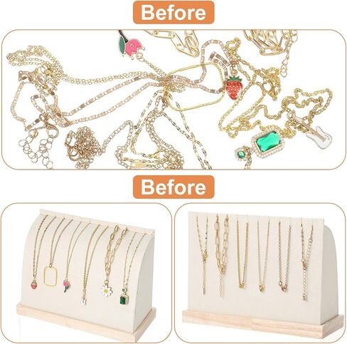 2 Pieces Cambered Wooden Necklace Display Stand with Soft Mat Necklace Holder Jewelry Display Beige Velvet Jewelry Organizer for Countertop Boutique Home in Saudi Arabia