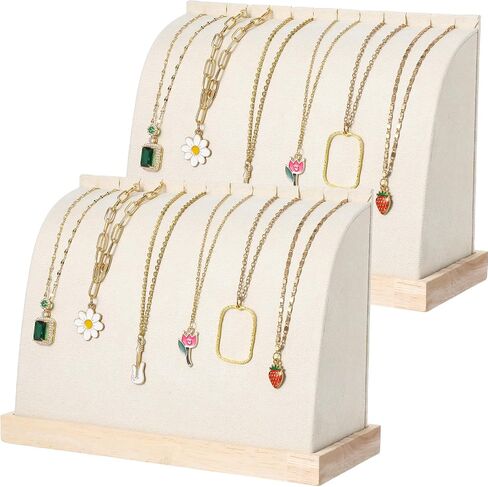 2 Pieces Cambered Wooden Necklace Display Stand with Soft Mat Necklace Holder Jewelry Display Beige Velvet Jewelry Organizer for Countertop Boutique Home in Saudi Arabia