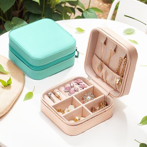Mini Jewelry Travel Case, Small Portable Jewellery Storage, PU Leather Travel Jewelry Organizer Box, Earrings, Necklaces Portable Gift for Women, Girls, Wedding, Birthday, 3.74x3.74x1.85 In in Kuwait