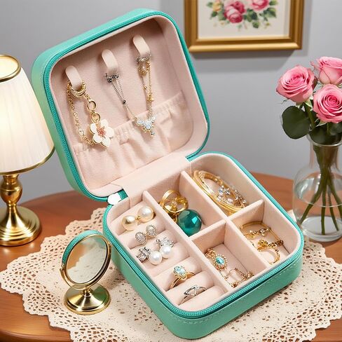 Mini Jewelry Travel Case, Small Portable Jewellery Storage, PU Leather Travel Jewelry Organizer Box, Earrings, Necklaces Portable Gift for Women, Girls, Wedding, Birthday, 3.74x3.74x1.85 In in Kuwait