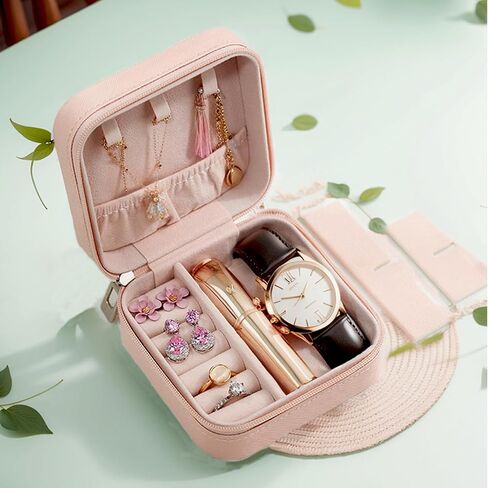 Mini Jewelry Travel Case, Small Portable Jewellery Storage, PU Leather Travel Jewelry Organizer Box, Earrings, Necklaces Portable Gift for Women, Girls, Wedding, Birthday, 3.74x3.74x1.85 In in Kuwait