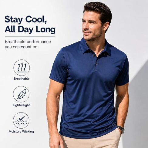 Men's Summer Short Sleeve Polo Shirt, Moisture-Wicking & Breathable, Quick-Dry Polyester Fabric, Casual Business Golf Wear in Kuwait