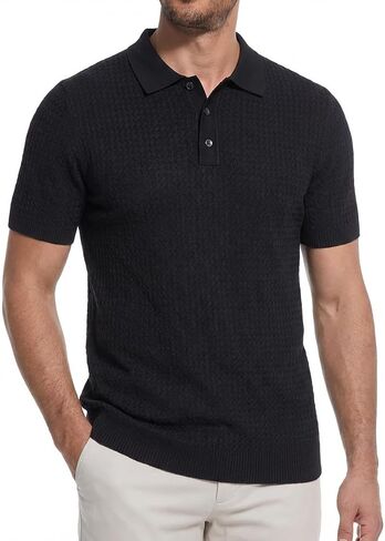 Men's Knit Polo Shirt Short Sleeve Textured Jacquard Golf Polo, Button Placket Collared Casual Sweater Tee in Kuwait