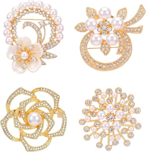 4 PCS Brooches and Pins for Women, Flower Broach, Crystal Flower Pearl Brooch Fashion Elegant for Wedding Clothing Accessory Christmas Gift in Saudi Arabia