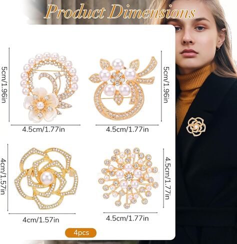 4 PCS Brooches and Pins for Women, Flower Broach, Crystal Flower Pearl Brooch Fashion Elegant for Wedding Clothing Accessory Christmas Gift in Saudi Arabia