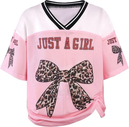 Hilinker Girls Jersey Shirt Oversized Mesh V Neck Graphic Tees Leopard Bow Short Sleeve Summer Tops in Kuwait
