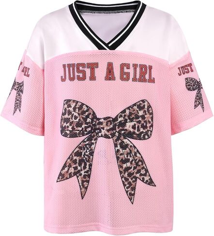 Hilinker Girls Jersey Shirt Oversized Mesh V Neck Graphic Tees Leopard Bow Short Sleeve Summer Tops in Kuwait