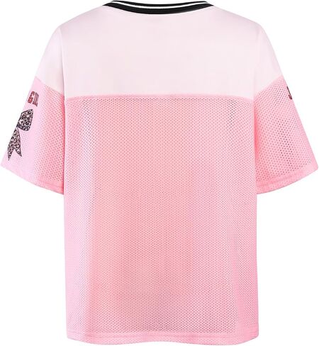 Hilinker Girls Jersey Shirt Oversized Mesh V Neck Graphic Tees Leopard Bow Short Sleeve Summer Tops in Kuwait