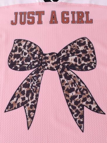 Hilinker Girls Jersey Shirt Oversized Mesh V Neck Graphic Tees Leopard Bow Short Sleeve Summer Tops in Kuwait