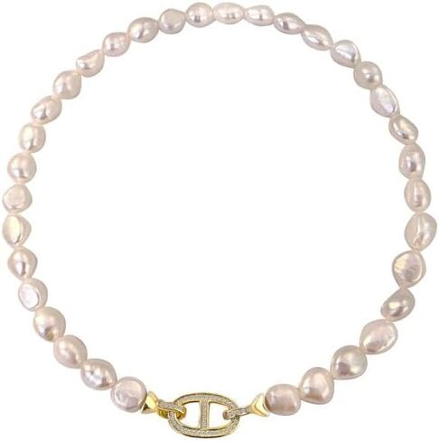 14K Solid Gold over S925 Sterling Silver Necklace Accentuated with Natural Baroque Pearl - Personalized Elegant Clavicle Chain - Minimalist and Chic Piece for the Modern Woman in Kuwait