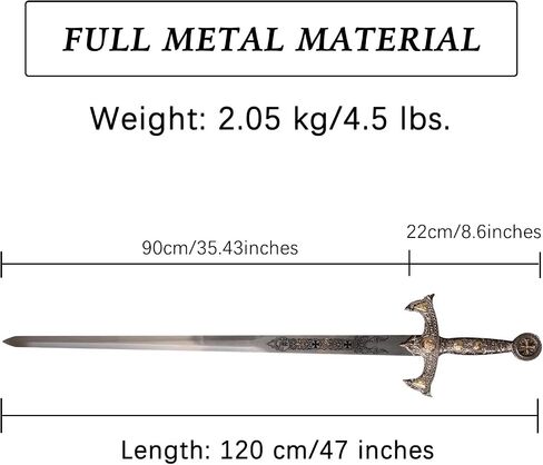 47" Templar Knight Sword All Metal with Display Plaque,Medieval-Style Western Stainless Steel Crusader Replica Sword,for Wall Decoration,Collecting,Display,Gifting in Saudi Arabia