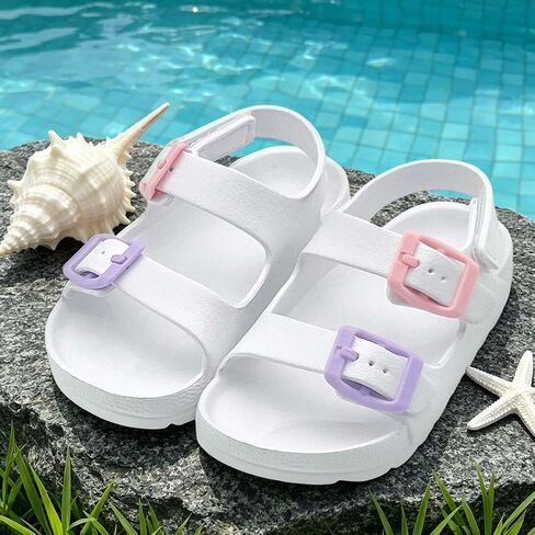 Toddler Boys Girls Double Buckle Sandals, Adjustable Back Strap Summer Beach Pool Slides Anti-Slip Lightweight Water Shoes Slippers, White in Kuwait