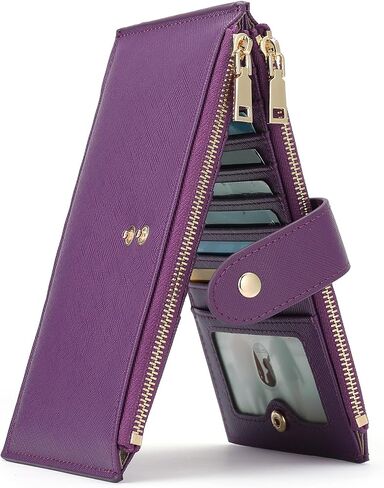 GOIACII Slim Wallets for Women RFID Blocking Card Holder 2 Zipper Pockets Thin Ladies Clutch Purse Fuchsia in Saudi Arabia