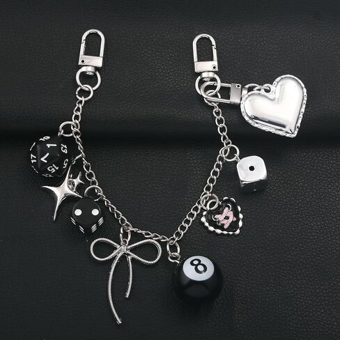 Locus Amoenus Dice 8-Ball Bow Heart Bag Charm Chain Silver Tone Multi-Charm Purse Handbag Keychain Gift for Women in Saudi Arabia