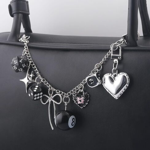 Locus Amoenus Dice 8-Ball Bow Heart Bag Charm Chain Silver Tone Multi-Charm Purse Handbag Keychain Gift for Women in Saudi Arabia