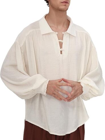 Renaissance Shirt with Knot Button Ruffled V-Neck Long Sleeves for Medieval Pirate Vampire Victorian Costume Unisex in Saudi Arabia
