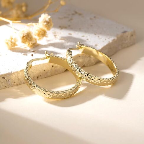 14K Yellow Gold Hoop Earrings for Women 4.4mm*25mm Trendy Diamond Cut Textured Hinged Hoops with Unique Faceted Pattern, Hypoallergenic Chunky Jewelry Gift in Saudi Arabia