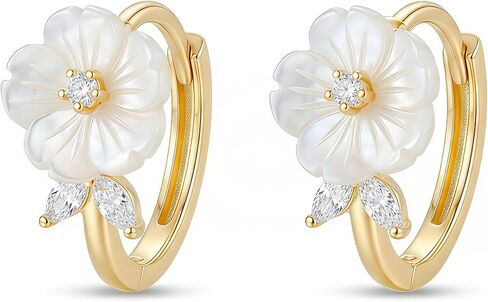 18K Gold Plated White Flower Hoop Earrings for Women, Dainty Floral Huggie Earrings with Cubic Zirconia, Minimalist Cherry Blossom Jewelry Gift for Her in Saudi Arabia