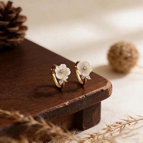 18K Gold Plated White Flower Hoop Earrings for Women, Dainty Floral Huggie Earrings with Cubic Zirconia, Minimalist Cherry Blossom Jewelry Gift for Her in Saudi Arabia