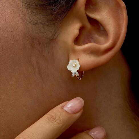 18K Gold Plated White Flower Hoop Earrings for Women, Dainty Floral Huggie Earrings with Cubic Zirconia, Minimalist Cherry Blossom Jewelry Gift for Her in Saudi Arabia