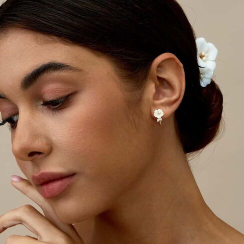 18K Gold Plated White Flower Hoop Earrings for Women, Dainty Floral Huggie Earrings with Cubic Zirconia, Minimalist Cherry Blossom Jewelry Gift for Her in Saudi Arabia