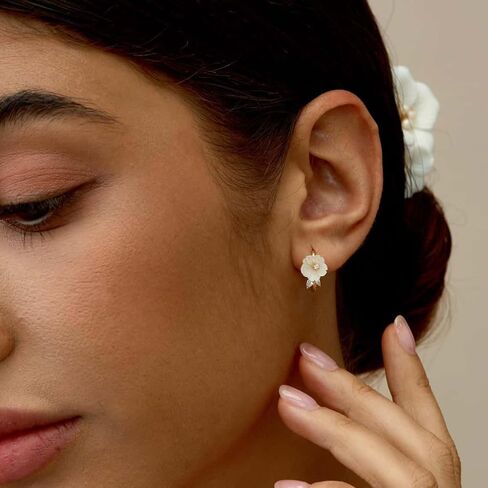 18K Gold Plated White Flower Hoop Earrings for Women, Dainty Floral Huggie Earrings with Cubic Zirconia, Minimalist Cherry Blossom Jewelry Gift for Her in Saudi Arabia