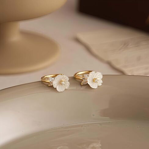 18K Gold Plated White Flower Hoop Earrings for Women, Dainty Floral Huggie Earrings with Cubic Zirconia, Minimalist Cherry Blossom Jewelry Gift for Her in Saudi Arabia