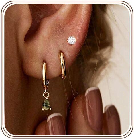 Moss Agate Gold Earrings for Women Set 14k Gold Plated Earring Stacks Huggie Hoop Earrings Set Green Gemstone Dangle Earring Hypoallergenic stainless steel Golden Jewelry Gifts For Women in Saudi Arabia