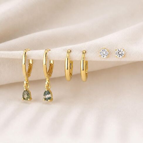 Moss Agate Gold Earrings for Women Set 14k Gold Plated Earring Stacks Huggie Hoop Earrings Set Green Gemstone Dangle Earring Hypoallergenic stainless steel Golden Jewelry Gifts For Women in Saudi Arabia
