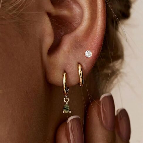 Moss Agate Gold Earrings for Women Set 14k Gold Plated Earring Stacks Huggie Hoop Earrings Set Green Gemstone Dangle Earring Hypoallergenic stainless steel Golden Jewelry Gifts For Women in Saudi Arabia