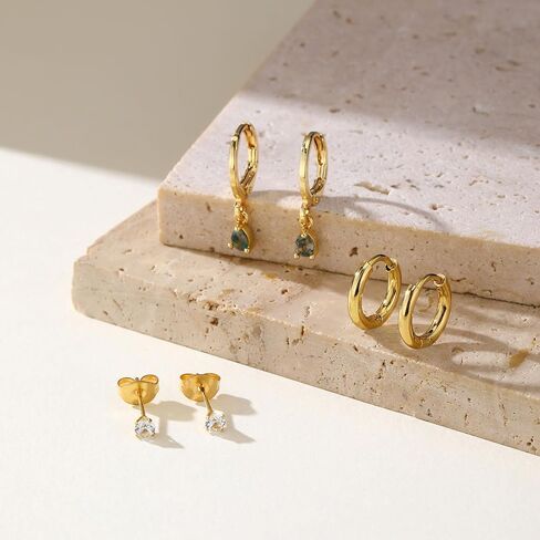Moss Agate Gold Earrings for Women Set 14k Gold Plated Earring Stacks Huggie Hoop Earrings Set Green Gemstone Dangle Earring Hypoallergenic stainless steel Golden Jewelry Gifts For Women in Saudi Arabia