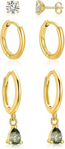 Moss Agate Gold Earrings for Women Set 14k Gold Plated Earring Stacks Huggie Hoop Earrings Set Green Gemstone Dangle Earring Hypoallergenic stainless steel Golden Jewelry Gifts For Women in Saudi Arabia
