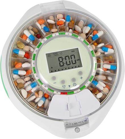 JULOS Automatic Pill Dispenser with 9 Alarms & Front Safety Lock for Elderly & Dementia Care – Sound/Light Reminders, Up to 9 Daily Doses, 28 Compartments Medication Organizer, Clear Lid in Saudi Arabia
