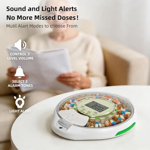 JULOS Automatic Pill Dispenser with 9 Alarms & Front Safety Lock for Elderly & Dementia Care – Sound/Light Reminders, Up to 9 Daily Doses, 28 Compartments Medication Organizer, Clear Lid in Saudi Arabia
