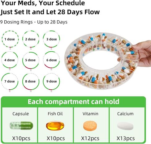 JULOS Automatic Pill Dispenser with 9 Alarms & Front Safety Lock for Elderly & Dementia Care – Sound/Light Reminders, Up to 9 Daily Doses, 28 Compartments Medication Organizer, Clear Lid in Saudi Arabia