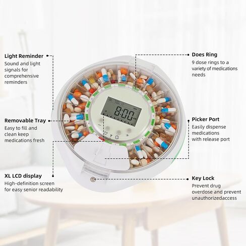 JULOS Automatic Pill Dispenser with 9 Alarms & Front Safety Lock for Elderly & Dementia Care – Sound/Light Reminders, Up to 9 Daily Doses, 28 Compartments Medication Organizer, Clear Lid in Saudi Arabia
