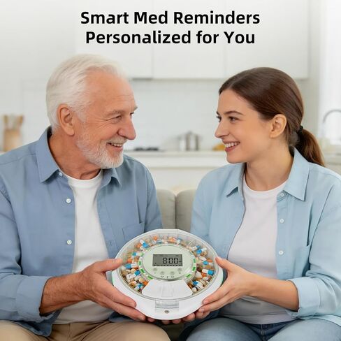 JULOS Automatic Pill Dispenser with 9 Alarms & Front Safety Lock for Elderly & Dementia Care – Sound/Light Reminders, Up to 9 Daily Doses, 28 Compartments Medication Organizer, Clear Lid in Saudi Arabia