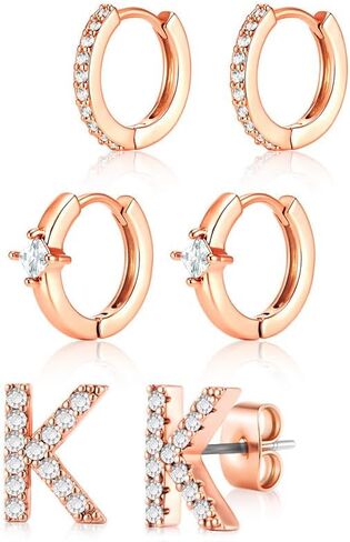 Initial Earrings -14K Gold/Sliver/Rose Gold Plated Hoop Earrings - 3 Pairs Huggie CZ Initial Stud Earrings Set Hypoallergenic Lightweight for Multiple Piercing Jewelry Gifts in Saudi Arabia