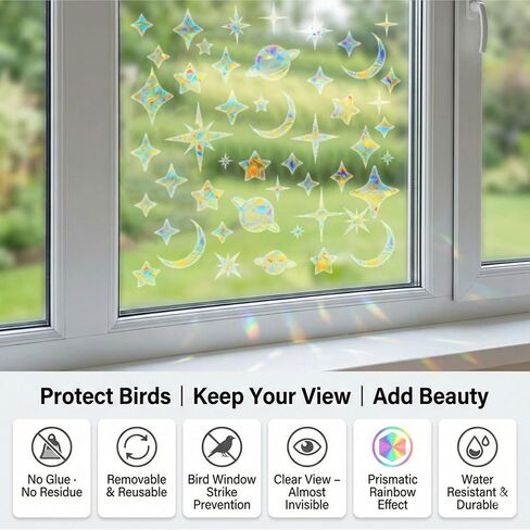 Anti-Collision Window Clings for Birds, Prismatic Static Vinyl Non-Adhesive Bird Window Stickers Suncatcher Reusable Deterrent Window Decals to Prevent Bird Strikes, Starry Sky Style in Saudi Arabia