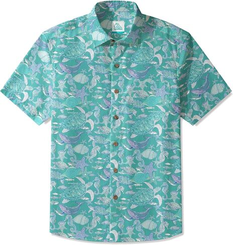 LeosWare® Men's Hawaiian Shirt Short Sleeve Button-up 100% Cotton Blue Aloha Azure Islet Sea Turtle in Saudi Arabia