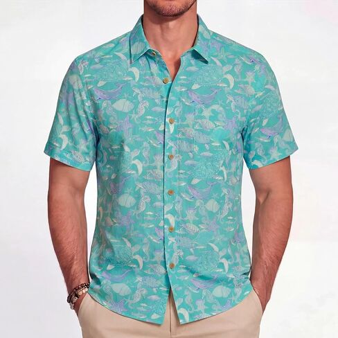 LeosWare® Men's Hawaiian Shirt Short Sleeve Button-up 100% Cotton Blue Aloha Azure Islet Sea Turtle in Saudi Arabia