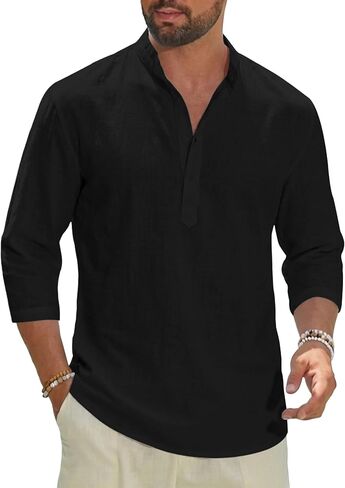 Mens Linen Henley Shirts 3/4 Sleeve T-Shirts Casual Mandarin Collar Shirts 70s Outfits Beach Hippie T Shirts in Saudi Arabia