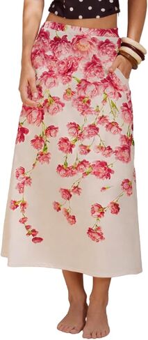 YUNDAI Women’s Floral Print Midi Skirt with Pocket High Waist Flowy A-Line Skirt Casual Summer Vacation Skirt for Daily Wear in Saudi Arabia